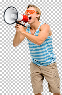 Buy stock photo Megaphone, fashion and man voice for news, broadcast or vacation sale isolated on transparent png background. Excited person, model or speaker for announcement and shout, promotion or summer discount