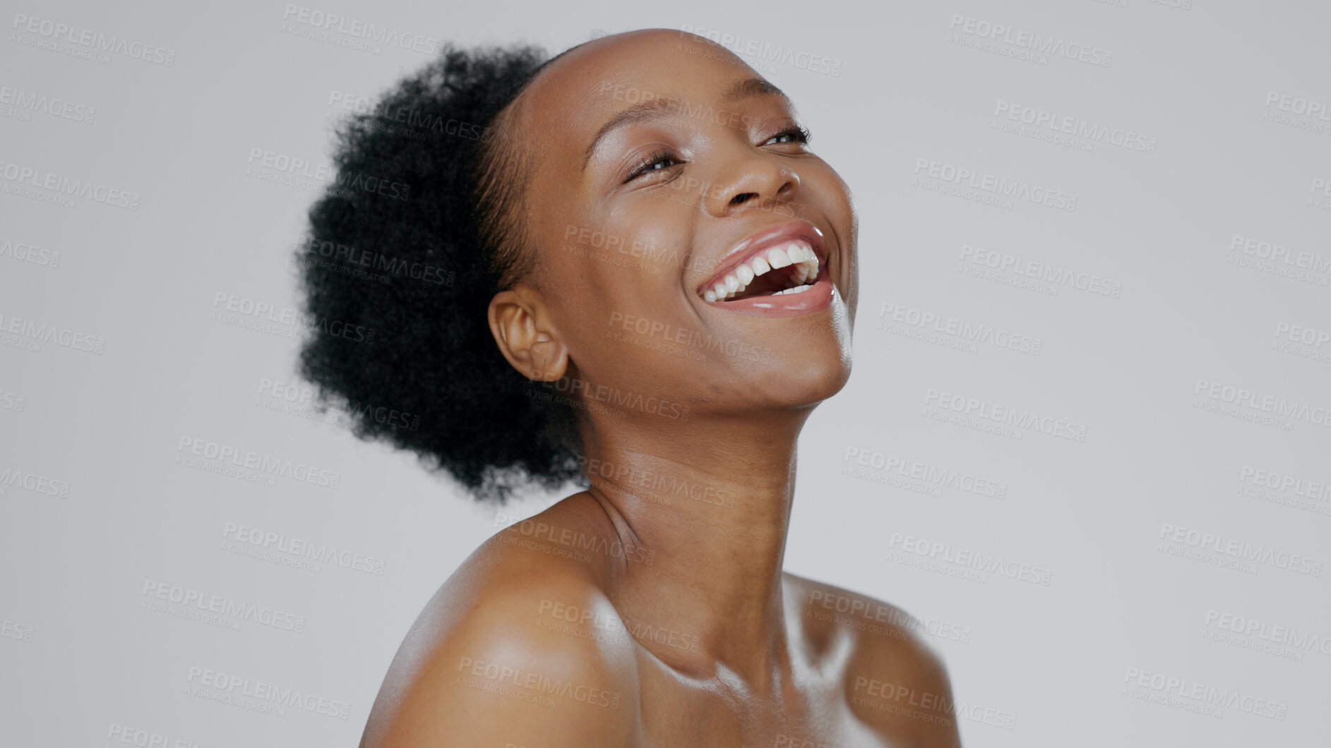 Buy stock photo Black woman, afro and smile with beauty, skincare and healthy skin for portrait, moisturizer and blue studio background. Happy, female and sunscreen for dermatology, cosmetology and facial treatment