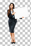 a  businesswoman holding a placard against isolated on a png background