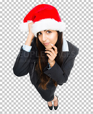 Buy stock photo Isolated business woman, Christmas and portrait from above, ideas or celebration by transparent png background. Young businesswoman, event or party with xmas fashion, celebrate holiday or festive hat