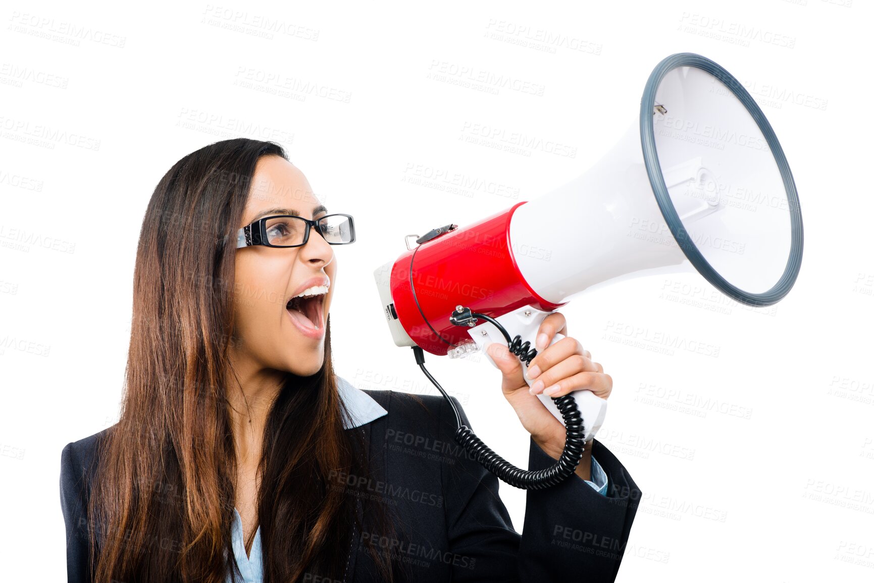 Buy stock photo Business woman, loudspeaker or megaphone to shout isolated on a transparent, png background. Professional female model person with speaker for corporate announcement, breaking news or communication