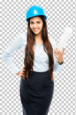 Buy stock photo Isolated architect woman, paperwork or portrait for civil engineering with smile by transparent png background. Happy architecture expert, construction manager or real estate developer with blueprint