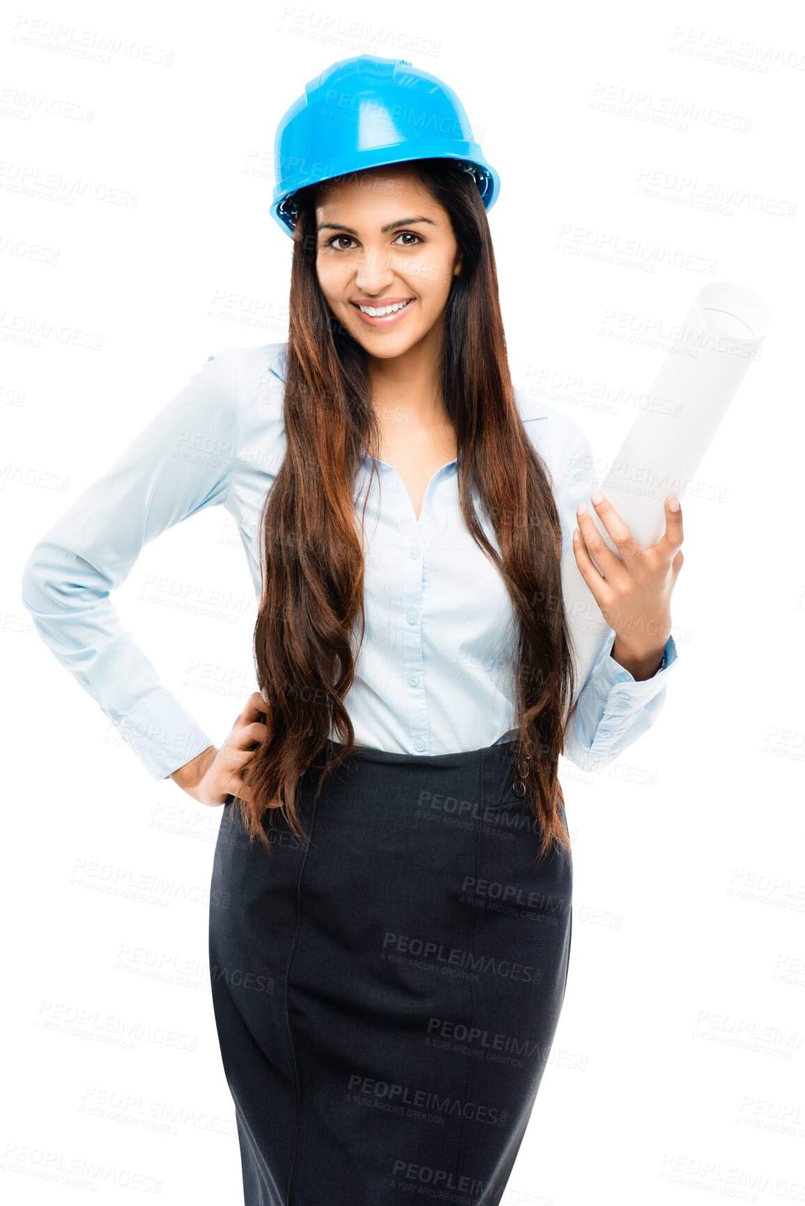 Buy stock photo Isolated architect woman, paperwork or portrait for civil engineering with smile by transparent png background. Happy architecture expert, construction manager or real estate developer with blueprint