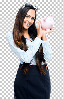 Buy stock photo Isolated business woman, piggy bank and portrait with smile, financial goal and transparent png background. Happy young businesswoman, saving and investment for growth, wealth and plan for future