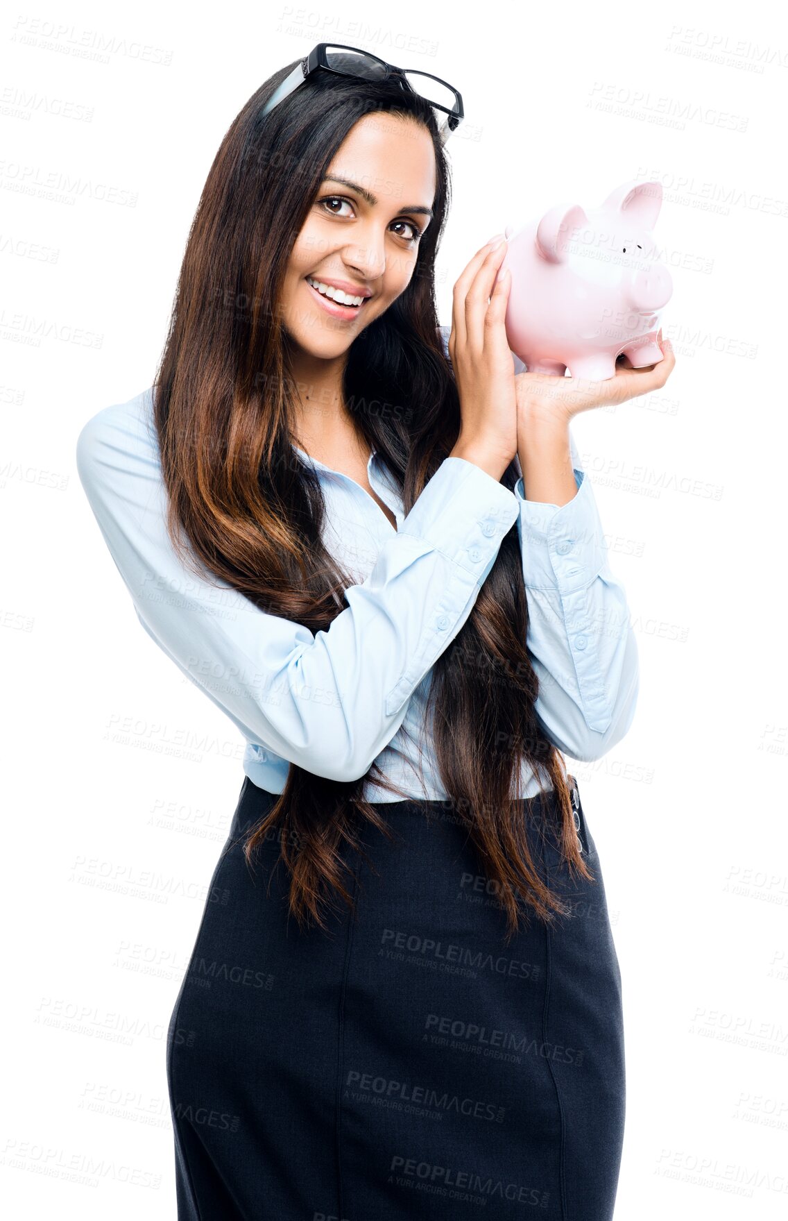 Buy stock photo Isolated business woman, piggy bank and portrait with smile, financial goal and transparent png background. Happy young businesswoman, saving and investment for growth, wealth and plan for future