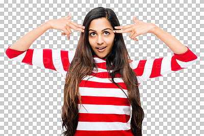 Buy stock photo Crazy, finger gun and young woman with a funny, comic or comedy joke gesture with casual outfit. Goofy, silly and beautiful female model with a hand sign isolated by a transparent png background.
