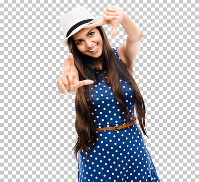 Buy stock photo Face, hands and woman with a smile, frame and model isolated against a transparent background. Portrait, happy female person or girl with fingers, perspective or png with border, fashion or framing