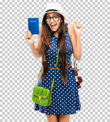 Buy stock photo Isolated woman, passport or excited in portrait, vacation and show document by transparent png background. Student girl, celebration or ID paperwork for international travel, vacation and immigration