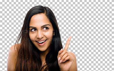 Buy stock photo Thinking face, pointing and happy woman with ideas or plan isolated on a transparent png background. Solution smile, vision and an Indian girl with knowledge, planning or remember idea memory