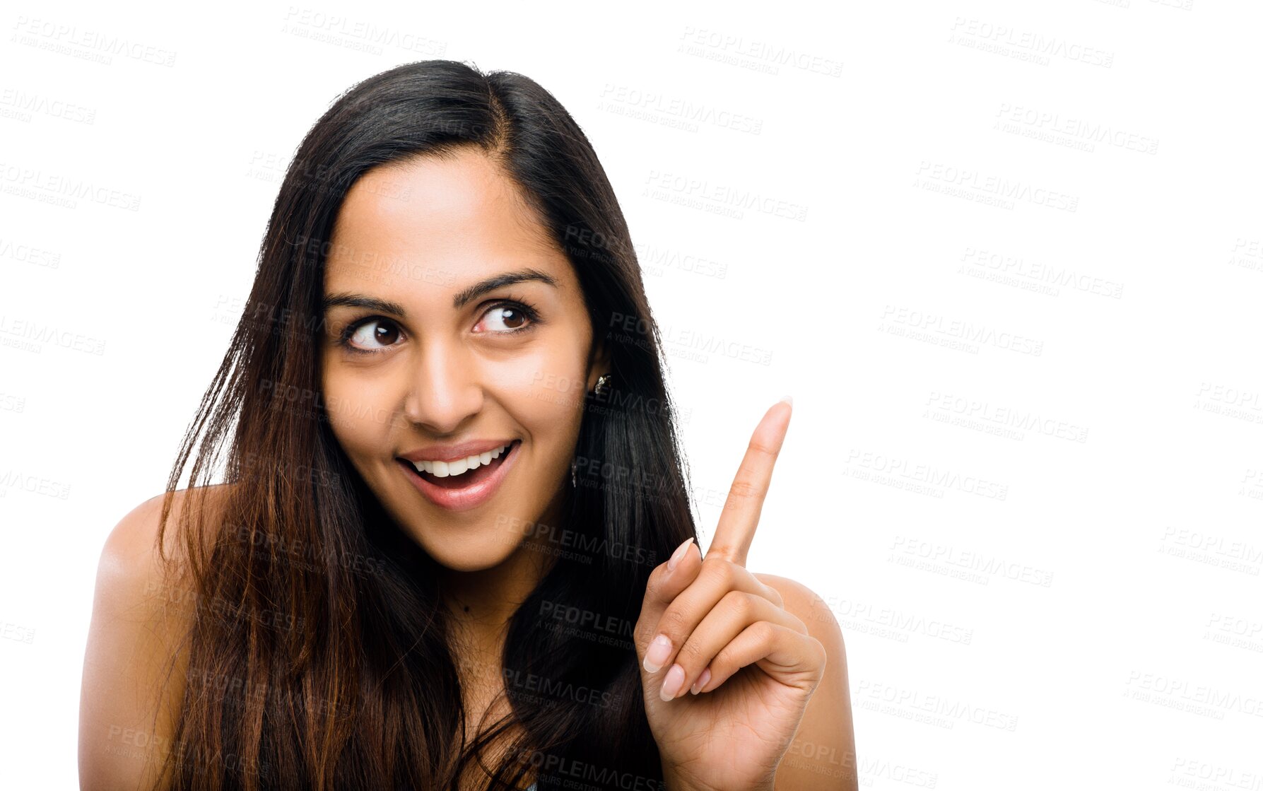 Buy stock photo Thinking face, pointing and happy woman with ideas or plan isolated on a transparent png background. Solution smile, vision and an Indian girl with knowledge, planning or remember idea memory
