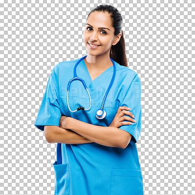 Buy stock photo Portrait of nurse, happy and woman with arms crossed isolated on a transparent png background. Face, medical professional and confident surgeon, doctor or person from Brazil for healthcare career.