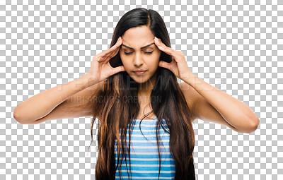 Buy stock photo Headache, anxiety or angry woman with head pain, stress or crisis isolated on transparent png background. Mental health problems, depression or psychology of frustrated girl with migraine or burnout 