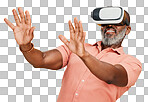 One mature african american man using a virtual reality headset while standing in studio isolated on a png background. Handsome man with a grey beard using wireless technology to play games