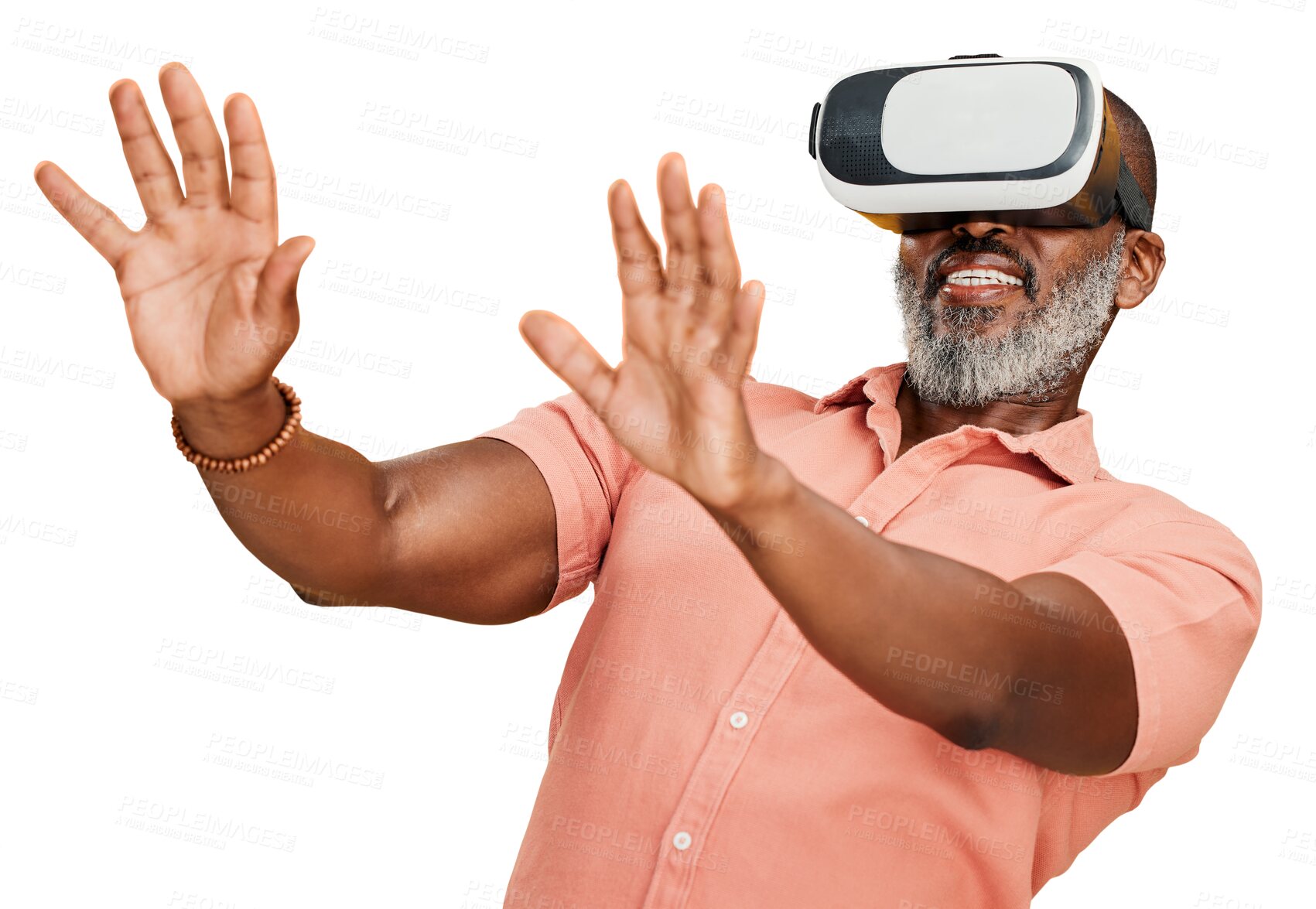 Buy stock photo VR, glasses and man with wow, surprise or action isolated on transparent, png background for metaverse or high tech. Virtual reality, vision and senior person with 3d user experience or online games