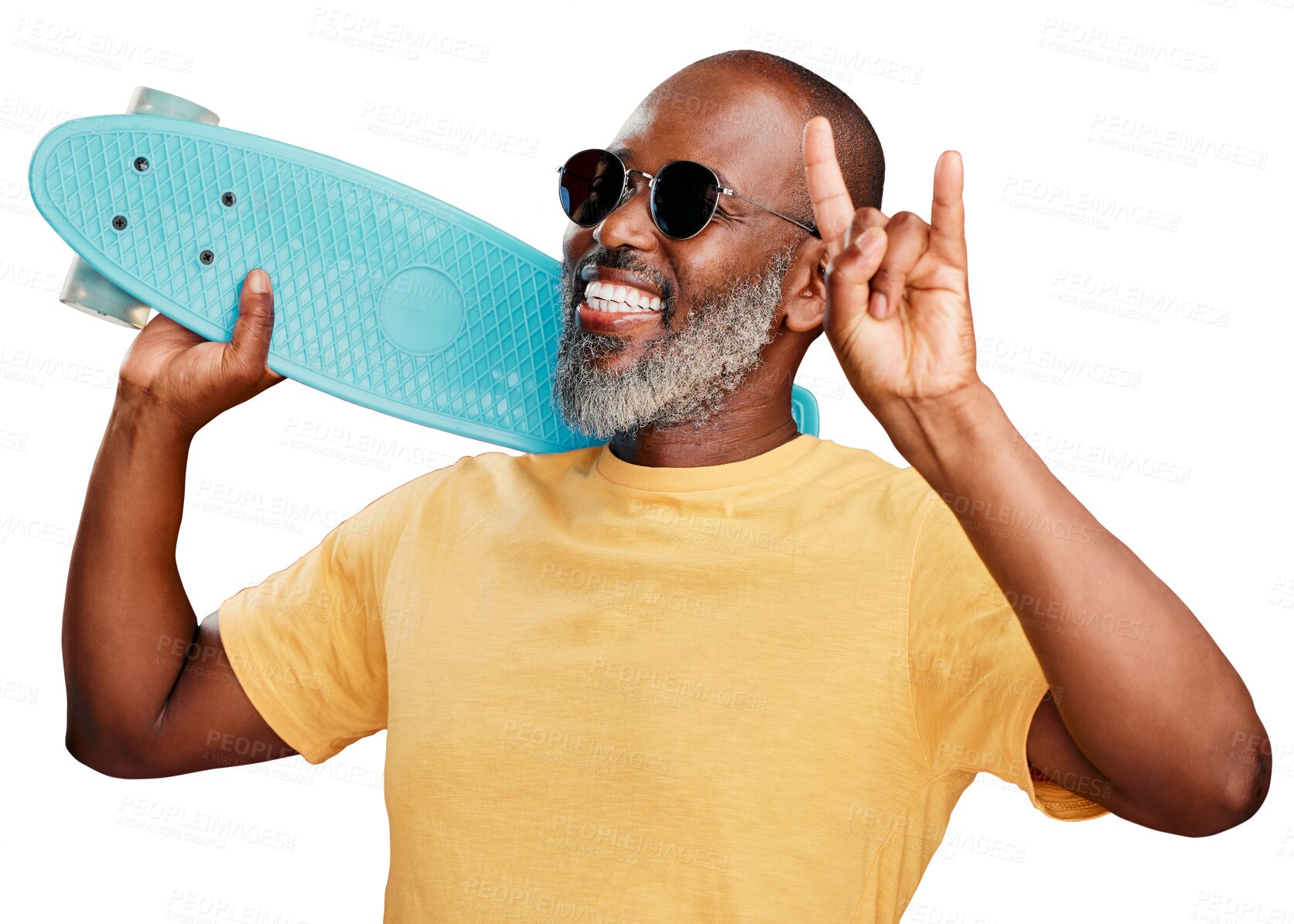 Buy stock photo Happy, skateboard and man with rock gesture in casual, trendy or cool outfit with confidence. Sunglasses, smile and mature African male model with emo hand sign isolated by transparent png background