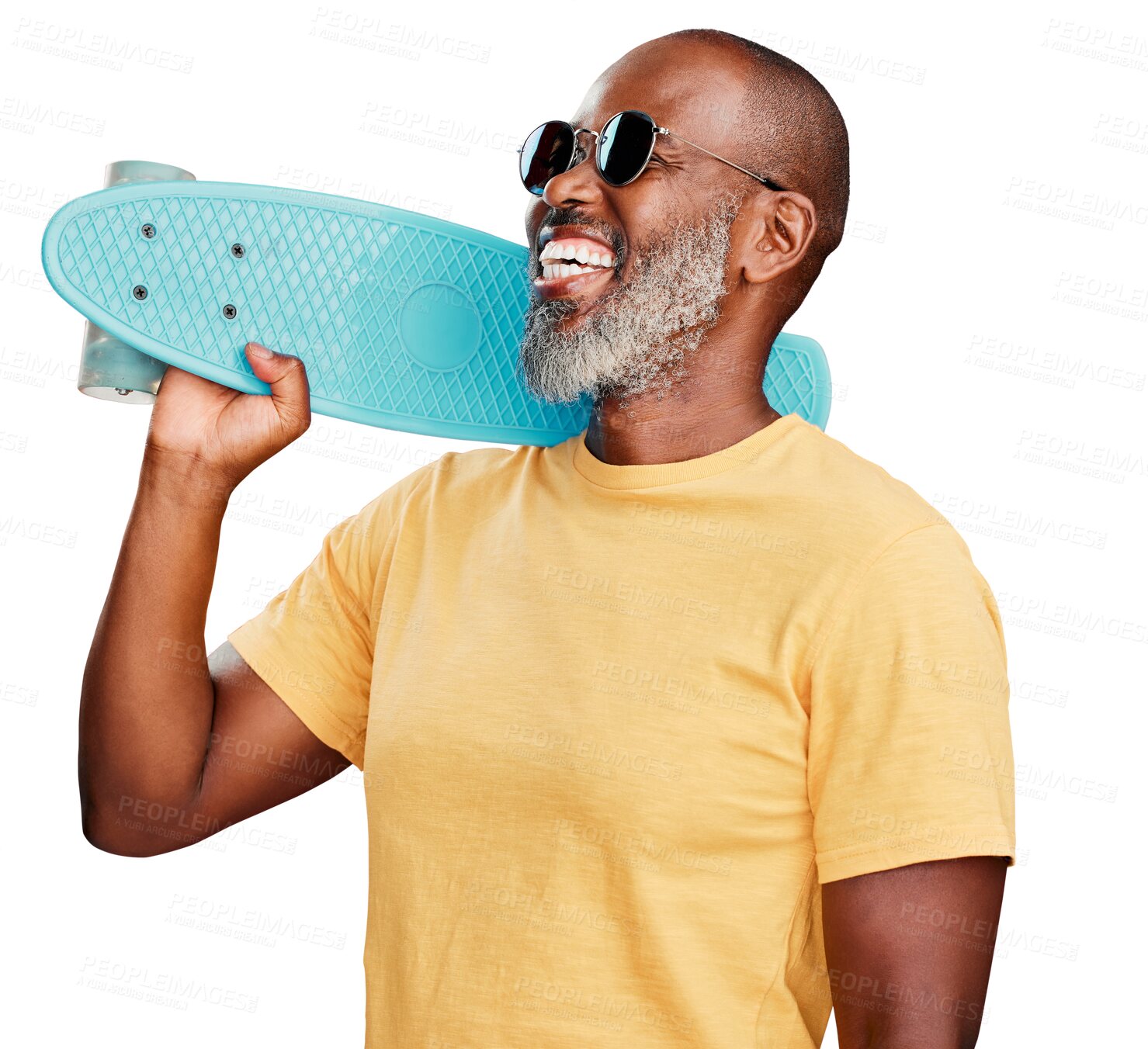 Buy stock photo Laughing, skateboard and a happy mature man in casual, trendy or cool fashion or style. Sunglasses, smile and black male model with thinking of skate memory isolated on a transparent, png background