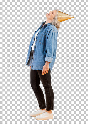 Buy stock photo Happy, mature woman with a party hat and isolated against a transparent png background with a smile. Retirement, birthday event and senior female person partying for celebration or good news