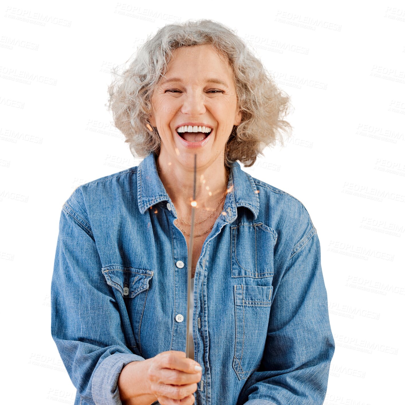 Buy stock photo Portrait, senior and woman with funny sparkler isolated on a transparent png background. Excited, birthday and person with fireworks for celebration of event, party and laugh for retirement holiday.
