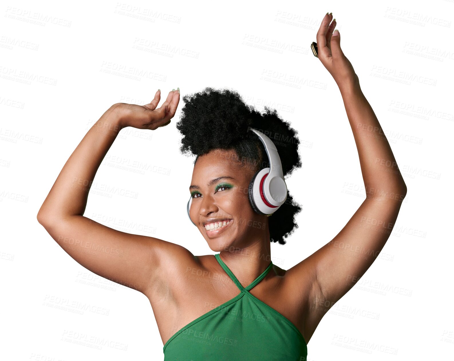 Buy stock photo Dance, black woman listening to music with headphones and freedom isolated against a transparent png background. Motion, happy girl and young African female person streaming podcast or radio sound