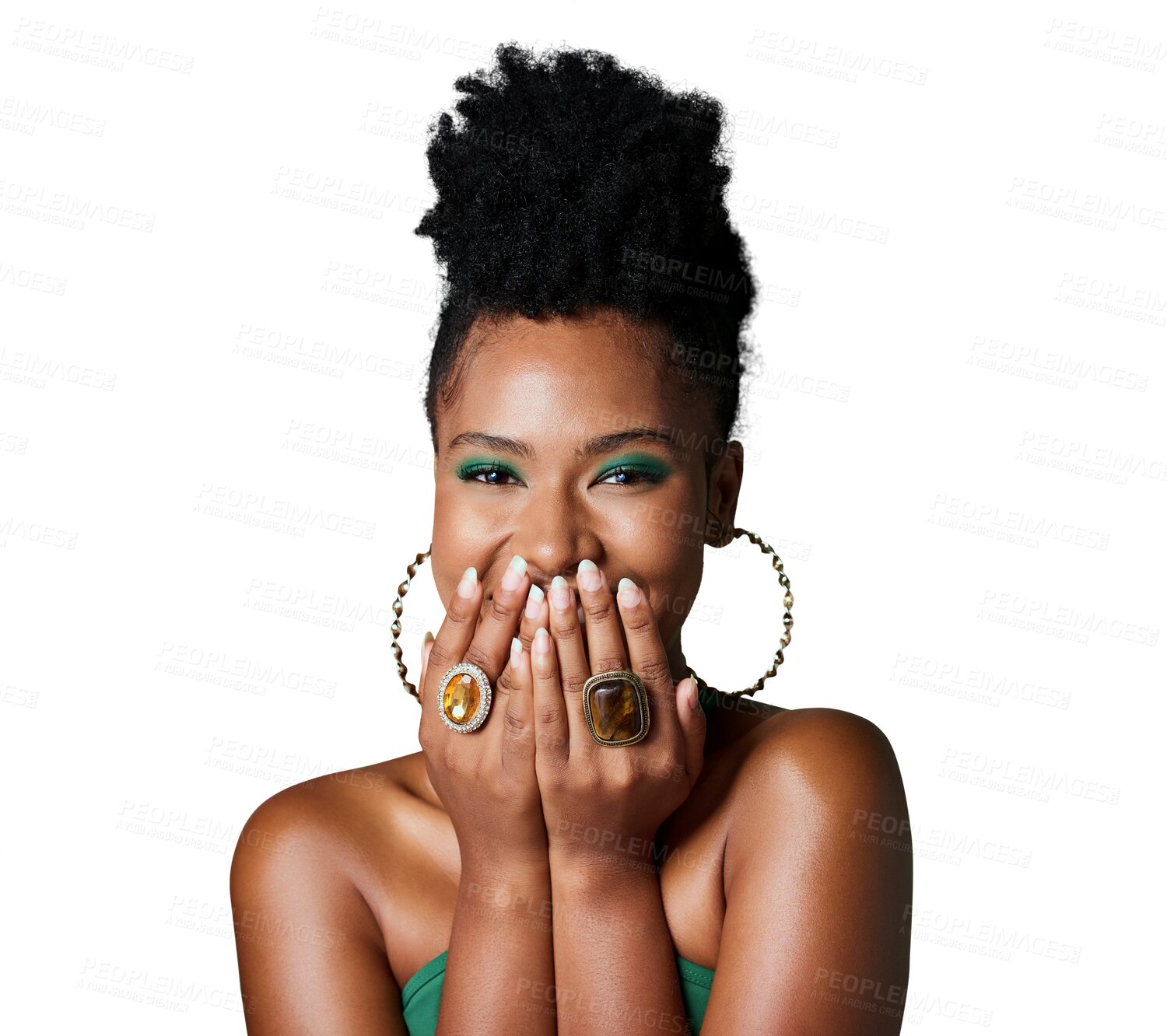 Buy stock photo Isolated African woman, shy laughing and portrait, fashion or jewellery by transparent png background. Young girl, comic model and cover mouth with green makeup, secret joke and beauty with jewelry
