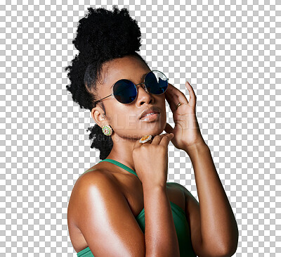 Buy stock photo Black woman, retro sunglasses and fashion with beauty and stylish isolated on transparent png background. Gen z youth, African female model in designer eyewear, funky hairstyle and cool trendy style