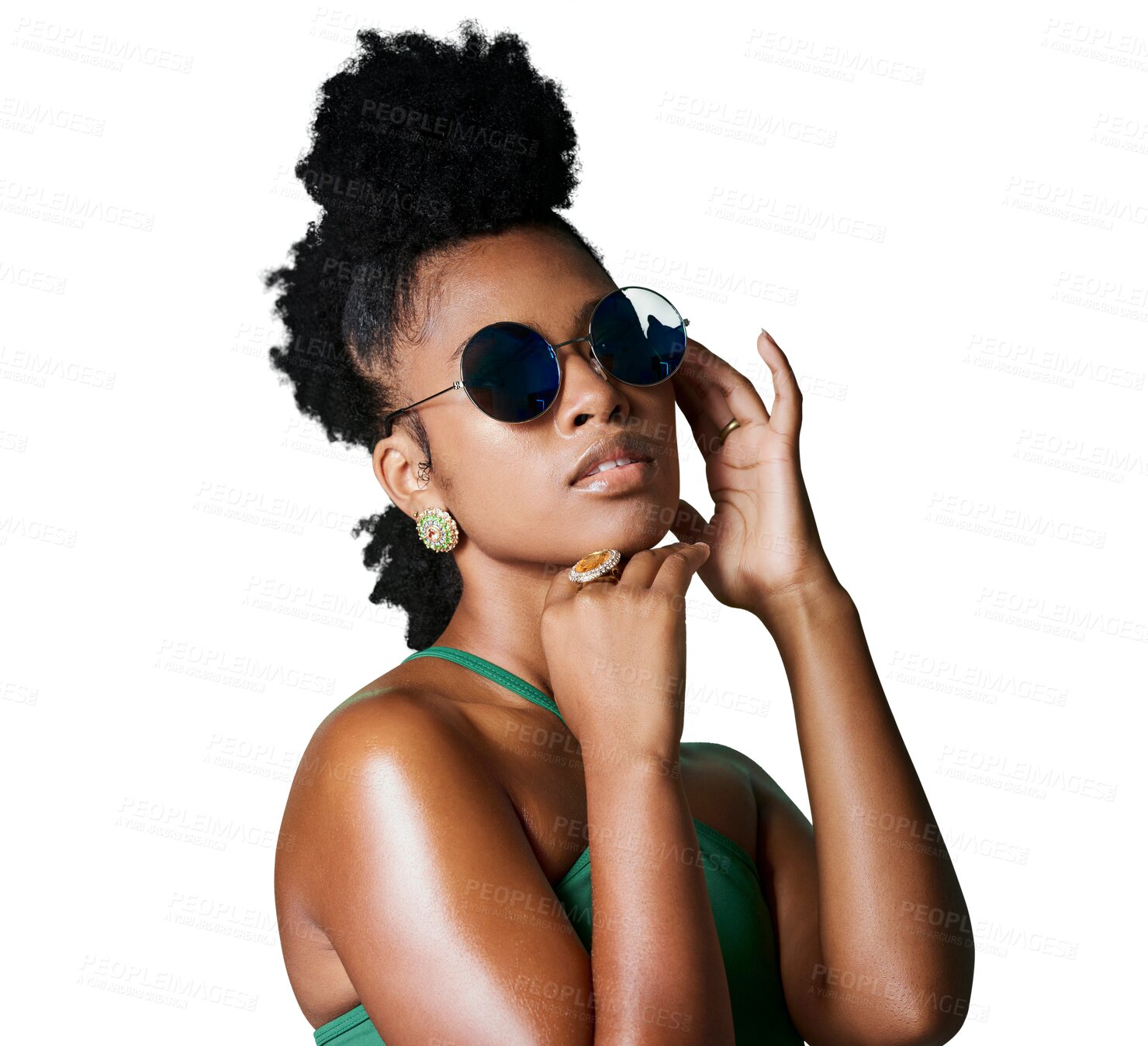 Buy stock photo Black woman, retro sunglasses and fashion with beauty and stylish isolated on transparent png background. Gen z youth, African female model in designer eyewear, funky hairstyle and cool trendy style