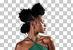 A Black woman, green makeup and face on skin for beauty, fashion and cosmetics against backdrop. Model, girl and hair, show afro, eyeshadow and lips in portrait with studio background in New Orleans isolated on a png background