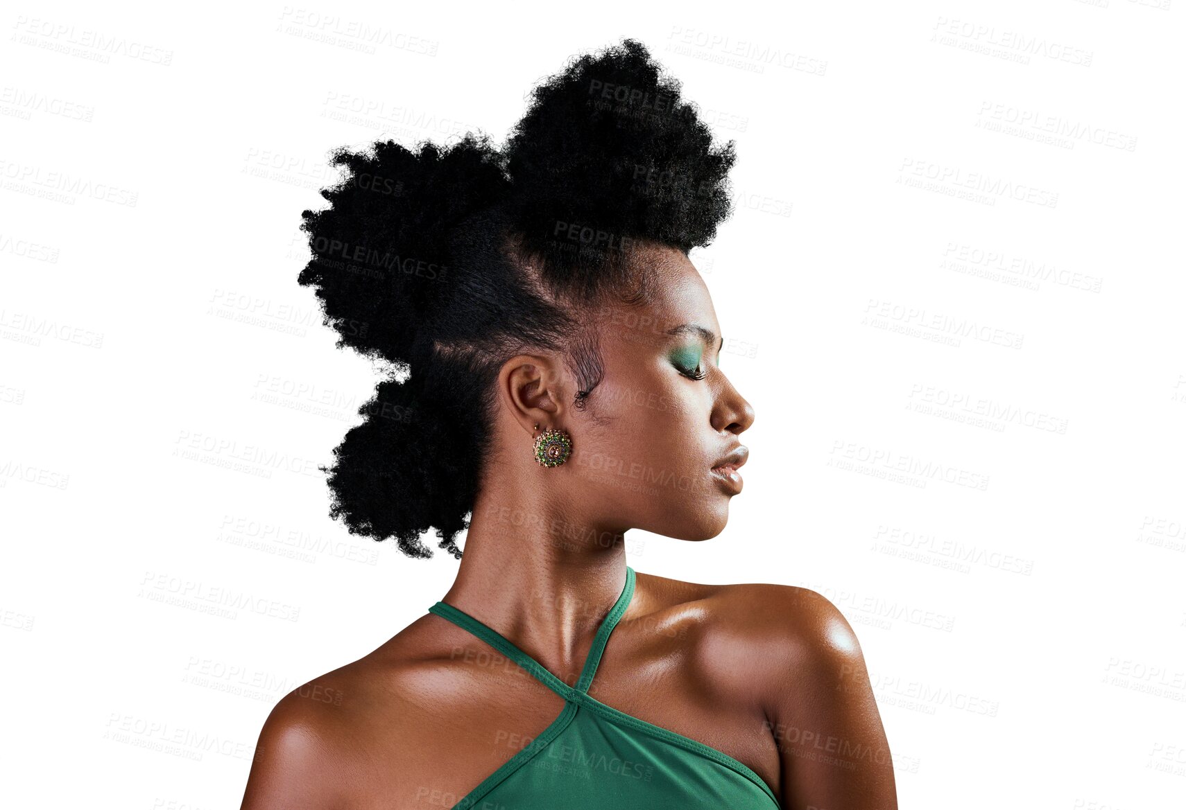 Buy stock photo Black woman, green makeup and face profile for skin, beauty cosmetics or fashion isolated on a transparent PNG background. African female person or model showing hair, afro or stylish eyeshadow