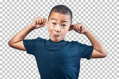Buy stock photo Funny, portrait and child pulling ears for listening, attention or comedy on transparent, isolated or png background. Face, kid or boy with crazy expression, gesture or silly and goofy humor