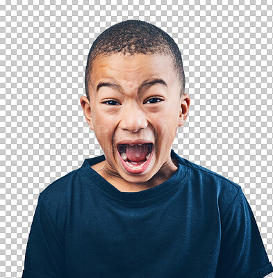 Buy stock photo Shouting, angry and portrait of a child with fear isolated on a transparent png background. Crazy, upset and headshot face of a young boy screaming in anger, scared or a tantrum while sad and mad