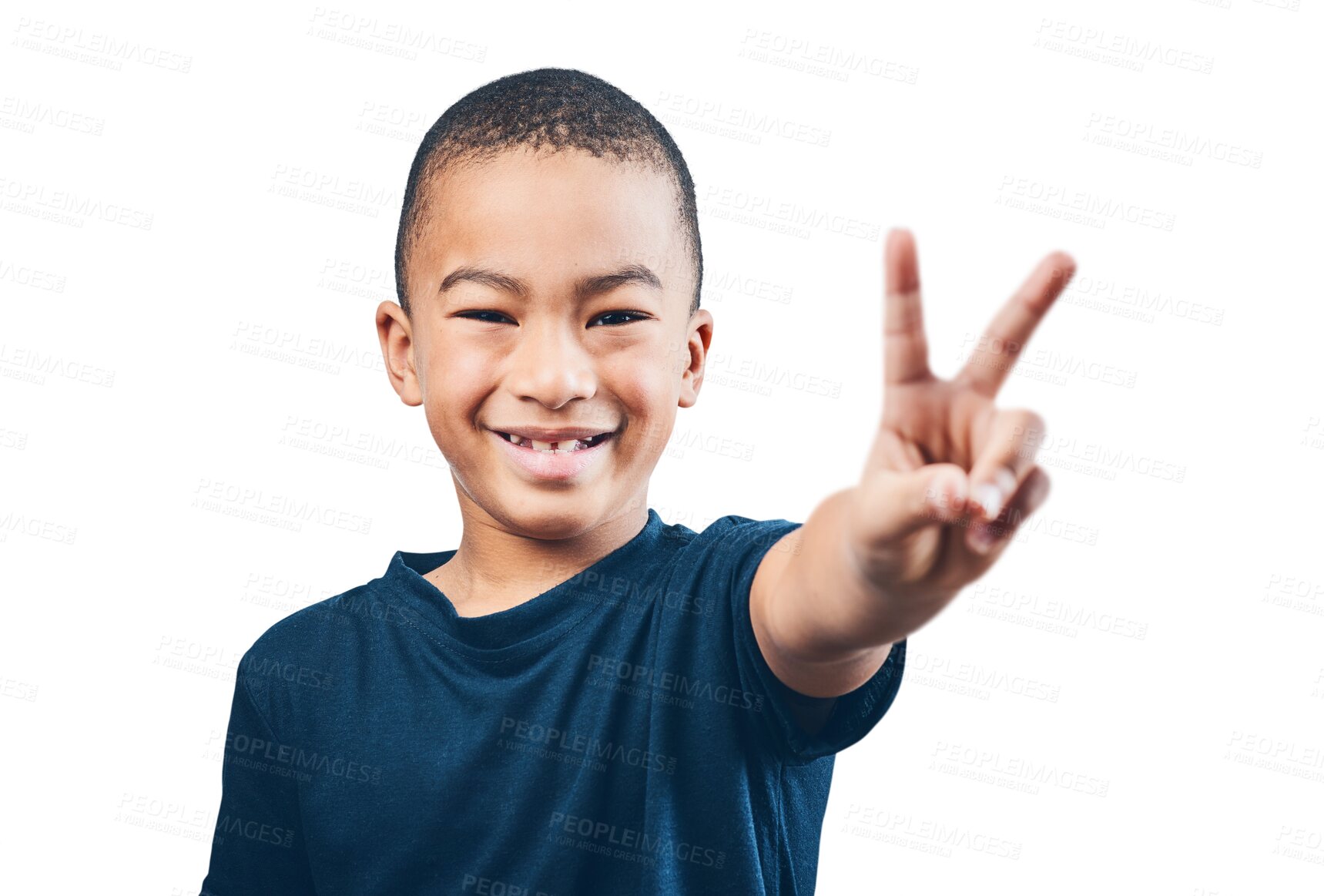 Buy stock photo Happy little boy, portrait smile and peace sign standing isolated on a transparent PNG background. Face of child, kid or teen smiling with hand symbol, emoji or peaceful gesture in happiness