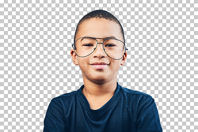 Buy stock photo Portrait, children and kid with glasses for fashion isolated on a transparent png background. Face, boy and young child from South Africa with frames for health, optometry and wellness for eyesight.