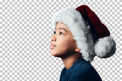 Buy stock photo Isolated boy child, thinking and Christmas for wish, hope or idea for gift by transparent png background. Young male kid, xmas fashion and hat with vision for present, festive event, party or holiday