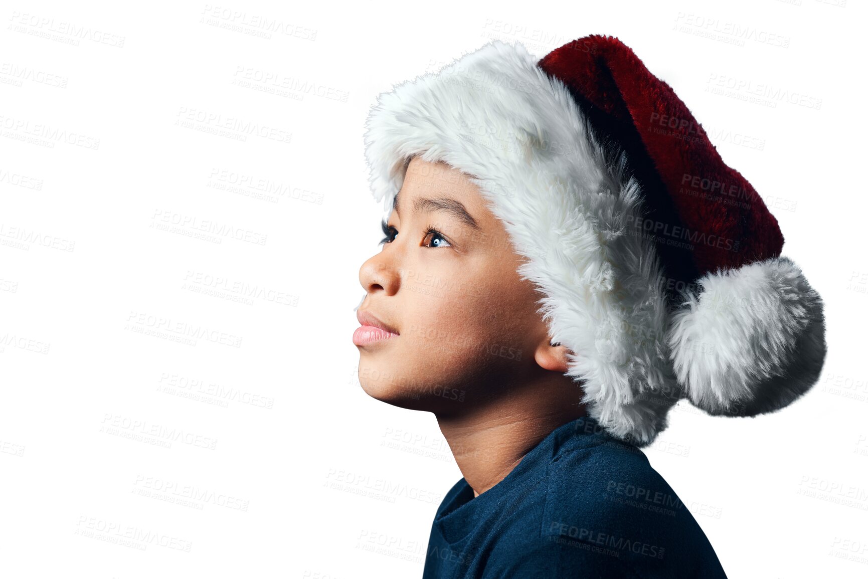 Buy stock photo Isolated boy child, thinking and Christmas for wish, hope or idea for gift by transparent png background. Young male kid, xmas fashion and hat with vision for present, festive event, party or holiday