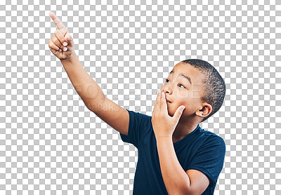 Buy stock photo Child, pointing finger and advertising or surprise, choice or attention. Inspiration, announcement and latino kid isolated on a transparent, png background with hand on mouth for wow promotion deal