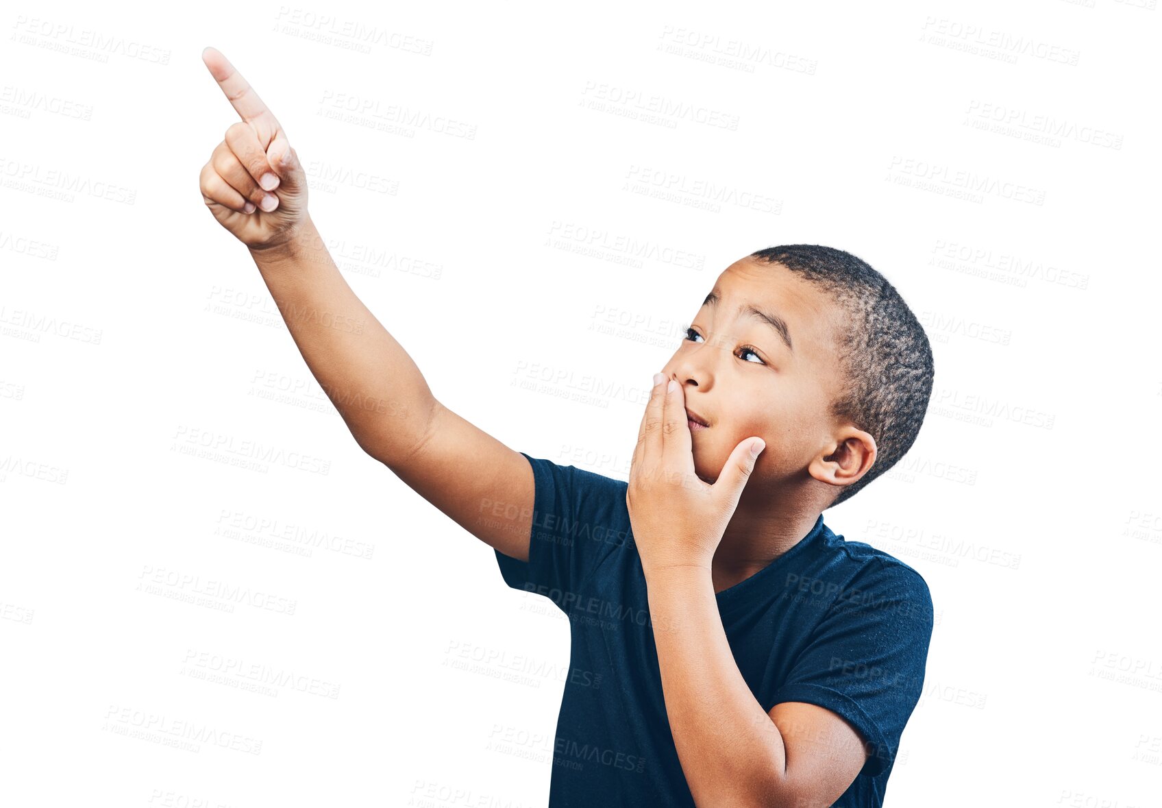Buy stock photo Child, pointing finger and advertising or surprise, choice or attention. Inspiration, announcement and latino kid isolated on a transparent, png background with hand on mouth for wow promotion deal