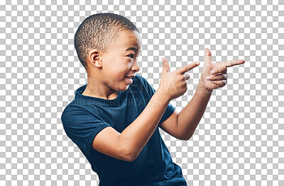 Buy stock photo Pointing, finger gun and boy child advertising space for ideas, promotion or announcement. Playful, direction and latino kid isolated on transparent, png background with hand sign or emoji for target