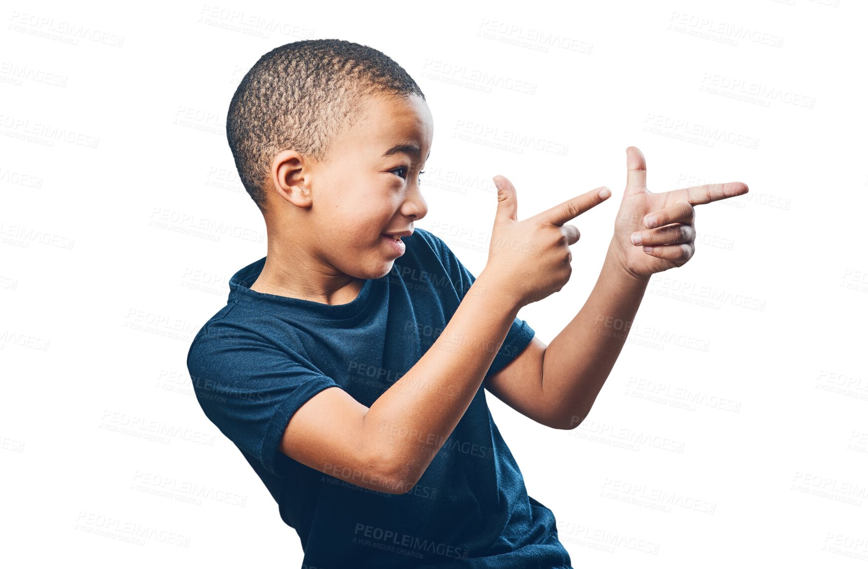 Buy stock photo Pointing, finger gun and boy child advertising space for ideas, promotion or announcement. Playful, direction and latino kid isolated on transparent, png background with hand sign or emoji for target