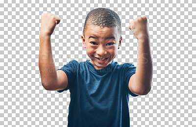Buy stock photo Happy boy, portrait and fist in celebration for success standing isolated on a transparent PNG background. Little child, kid or teen in power, winning or surprise for achievement, prize or bonus