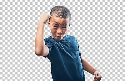 Buy stock photo Happy boy, portrait and fist in celebration for achievement standing isolated on a transparent PNG background. Little child, kid or teen in celebrate, winning or power for success, prize or bonus