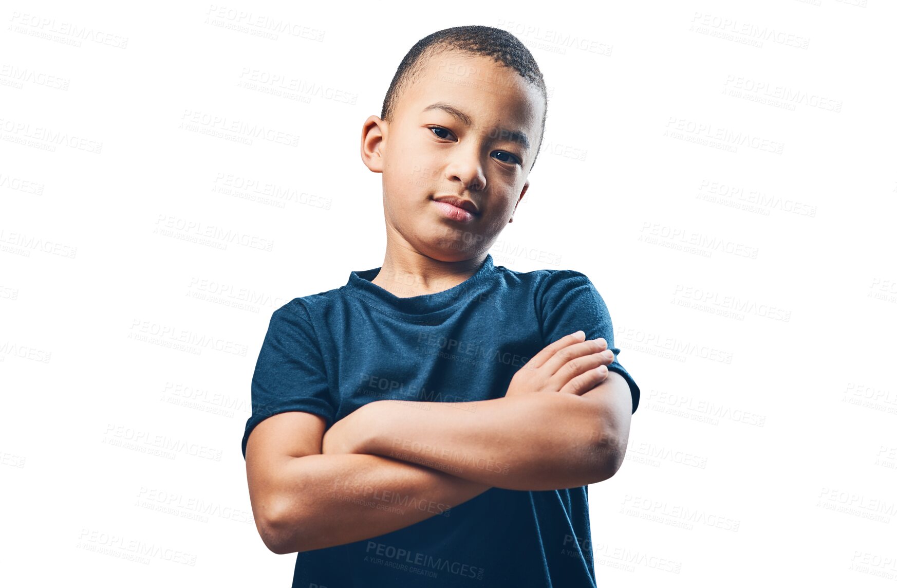 Buy stock photo Portrait, serious and kid with arms crossed isolated on a transparent png background. Confident face, children and young child from South Africa, cute and innocent, adorable little boy and attitude.
