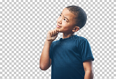 Buy stock photo Thinking, idea and confused with child on transparent background for choice, planning and questions. Vision, future and youth with young boy isolated on png for solution, problem solving and doubt 