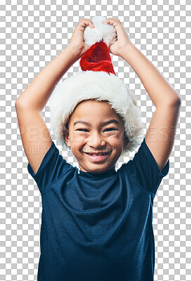 Buy stock photo Christmas hat, face and excited child with celebration and funny portrait isolated on transparent png background. Happy, play and asian kid or boy celebrate holiday, arms in air and take off costume