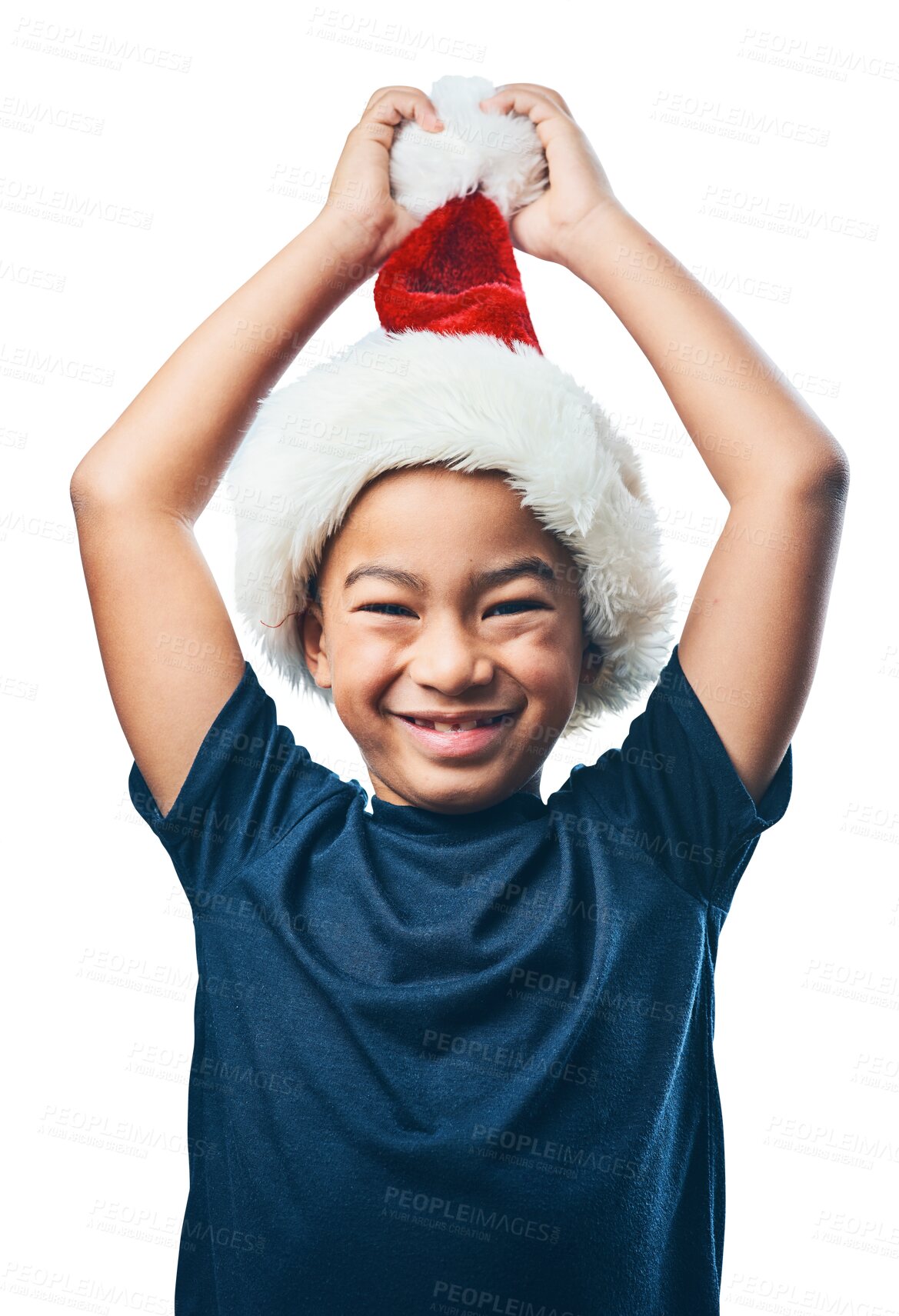 Buy stock photo Christmas hat, face and excited child with celebration and funny portrait isolated on transparent png background. Happy, play and asian kid or boy celebrate holiday, arms in air and take off costume