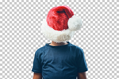 Buy stock photo Christmas, santa hat and hide with child on transparent background for celebration, funny and festive holiday. Xmas, shy and comic with young kid isolated on png for youth, playful and season