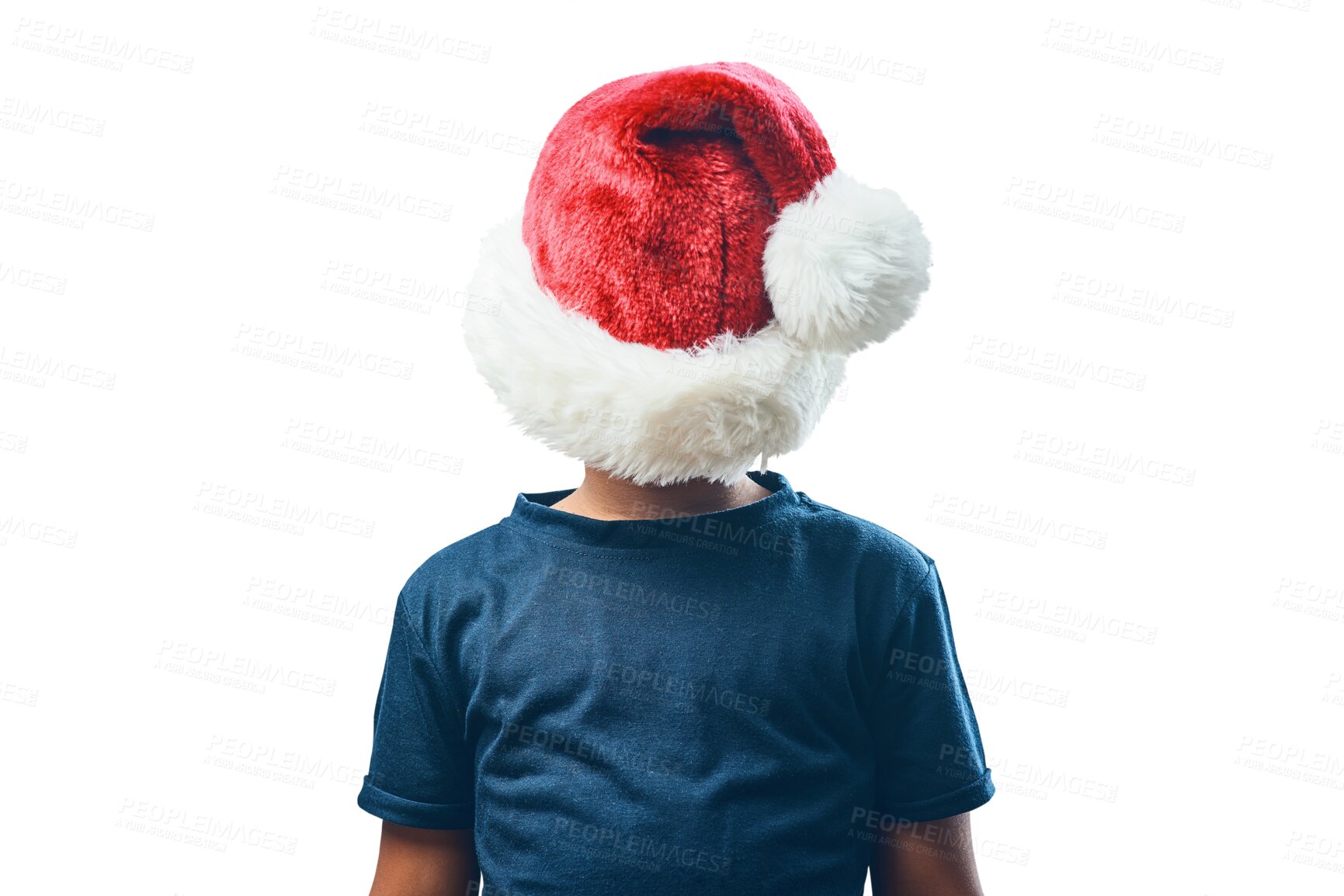 Buy stock photo Christmas, santa hat and hide with child on transparent background for celebration, funny and festive holiday. Xmas, shy and comic with young kid isolated on png for youth, playful and season