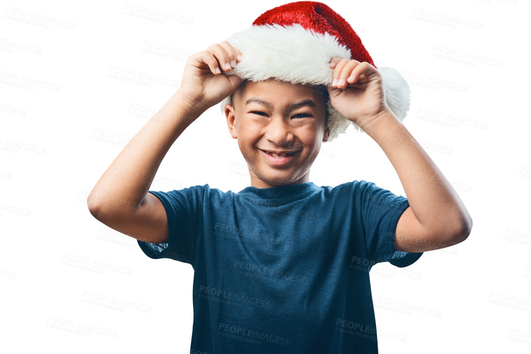 Buy stock photo Christmas, santa hat and portrait of a boy child isolated on a transparent, png background. Face of male latino kid happy for holiday celebration, festive event and smile to celebrate fun surprise