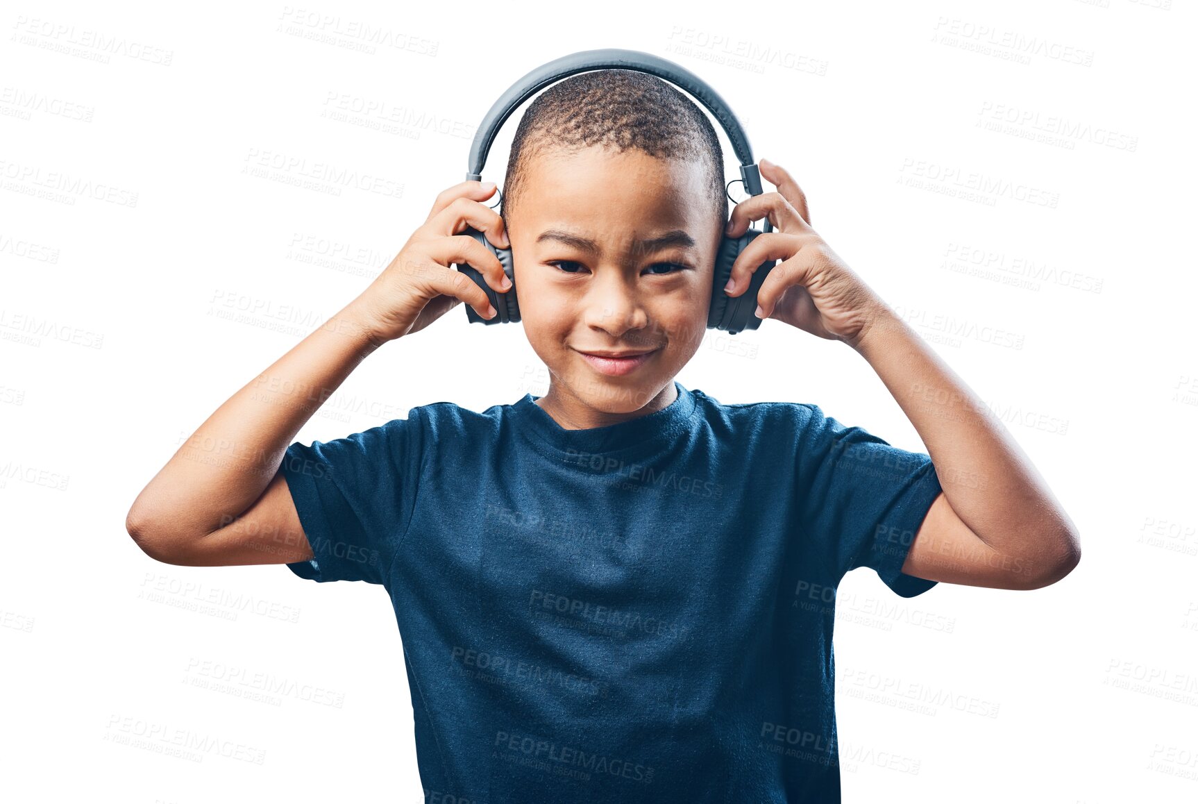 Buy stock photo Happy boy, portrait and headphones listening to music standing isolated on a transparent PNG background. Face of child, kid or little teen smiling with headset for audio, sound or song playlist