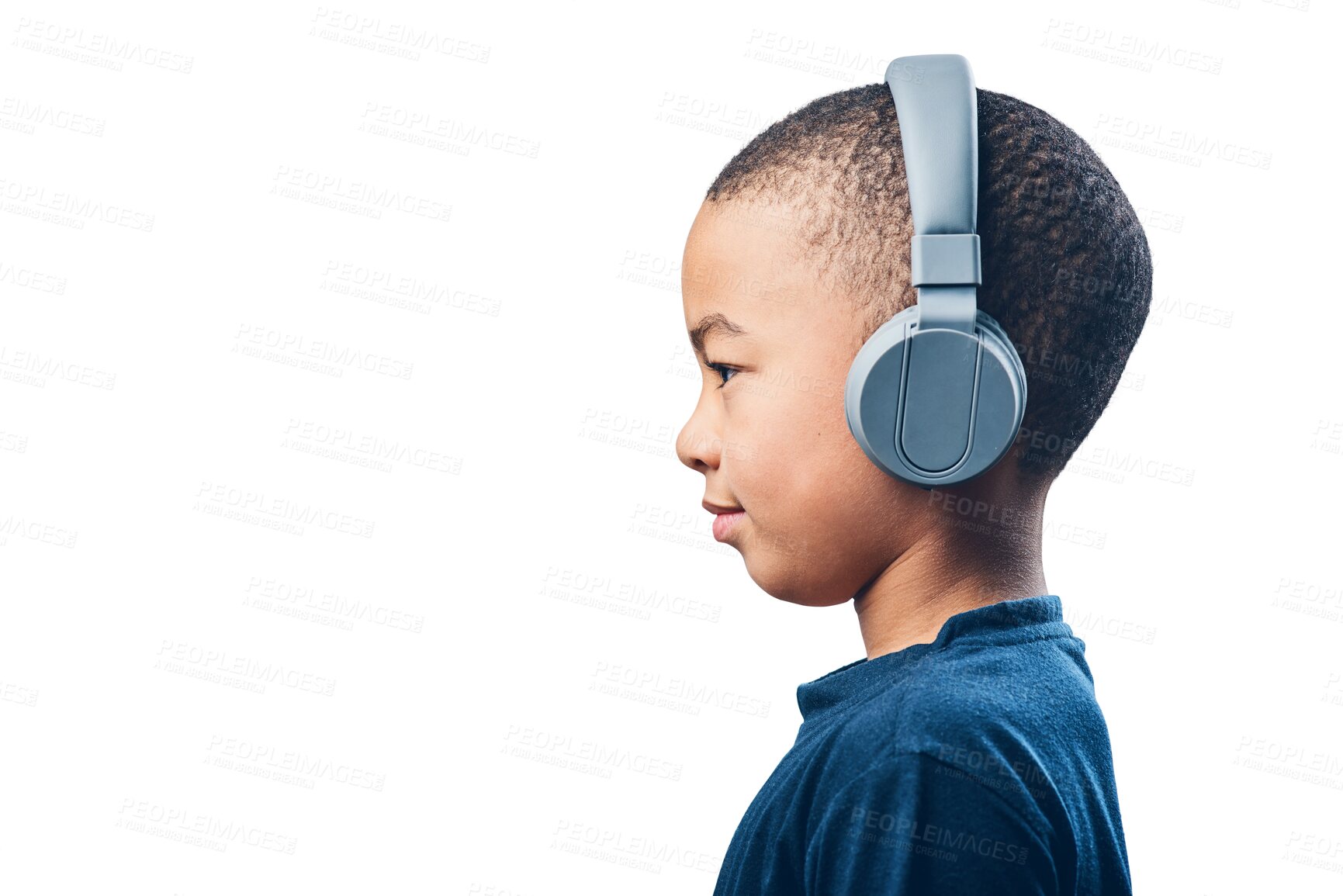 Buy stock photo Profile, child and headphones for music isolated on a transparent png background. Radio, headphone and young African kid listening to podcast, hearing or audio, sound and boy streaming hip hop song.