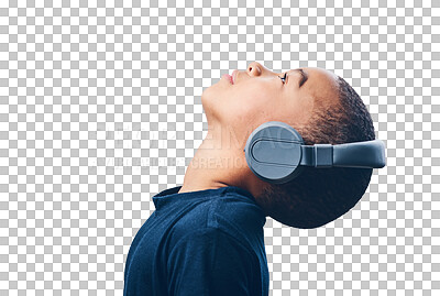 Buy stock photo Profile, kid and headphones for music looking up isolated on a transparent png background. Radio, headphone and young African child listening to podcast, song or audio, sound or boy streaming hip hop